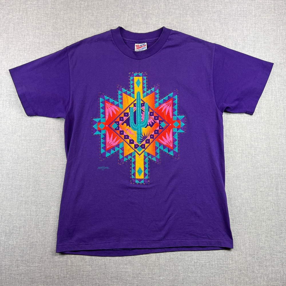 VTG 90s Hanes Southwest Cactus T Shirt Men L Purple Single Stitch Richards